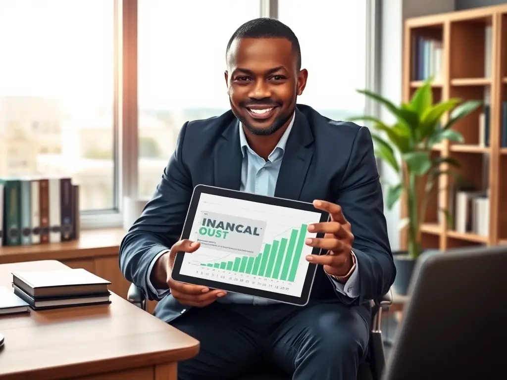 A confident financial advisor reviewing a client's wealth portfolio on a tablet, showcasing wealth management strategies.
