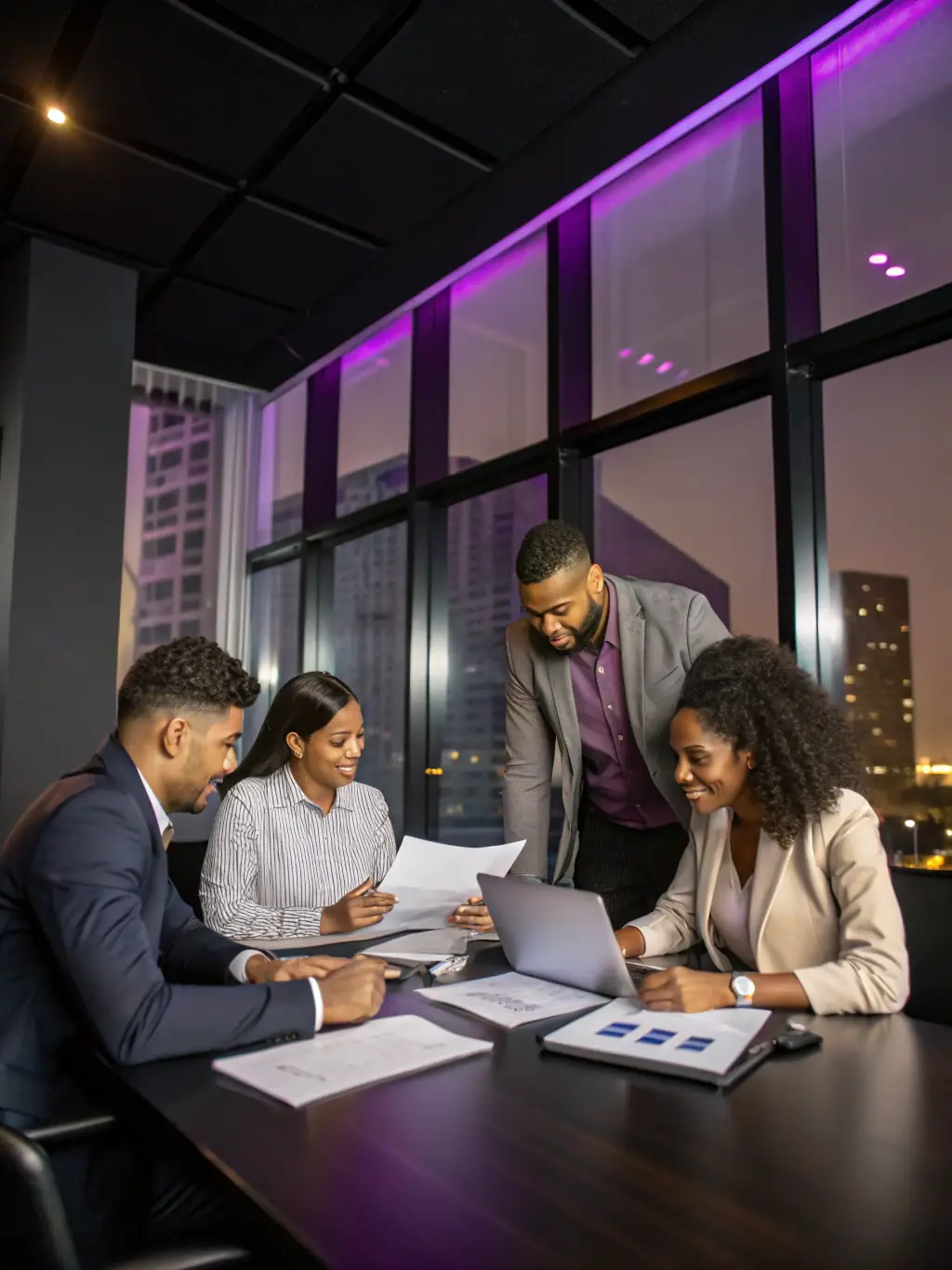 A diverse group of South African professionals collaborating on wealth management strategies in a sunlit, modern office.