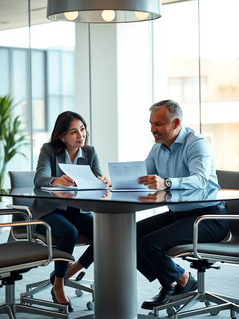 A professional South African financial consultant advising a client in a modern office setting, reviewing investment portfolios and discussing financial strategies.