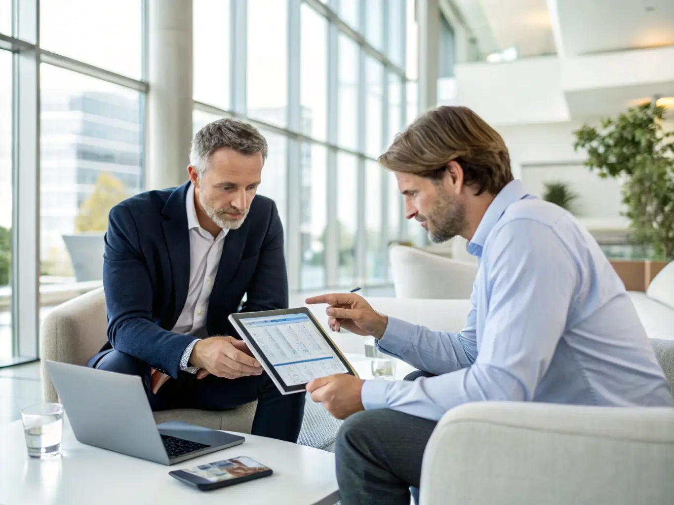 A professional financial advisor analyzing investment charts and discussing strategies with a client in a modern office setting, representing Investment Strategy Planning.
